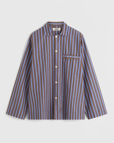 Tekla Fabrics Poplin, Pyjamas Long Shirt - Chestnut Stripes