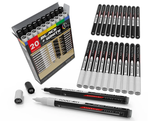 20 Black And White Acrylic Paint Markers Paint Pens Set (0.7mm EXTRA FINE)