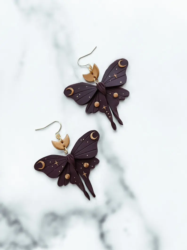 Moth Earrings | Deep Purple and Gold | 2 sizes |Handmade Polymer Clay Earrings | Nickel Free Hypoallergenic