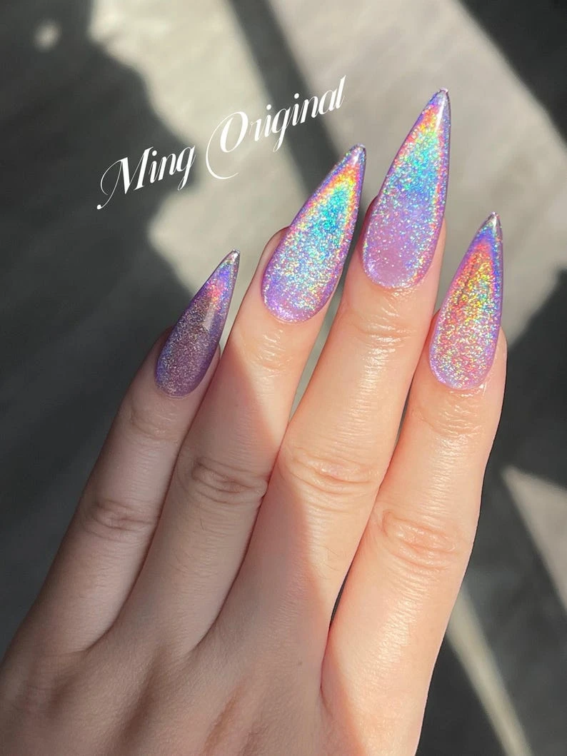 Ongles autocollants violets arc-en-ciel œil de chat holographique, rose bonbon magnétique, pailletés translucides, réutilisables, faux ongles jelly,
