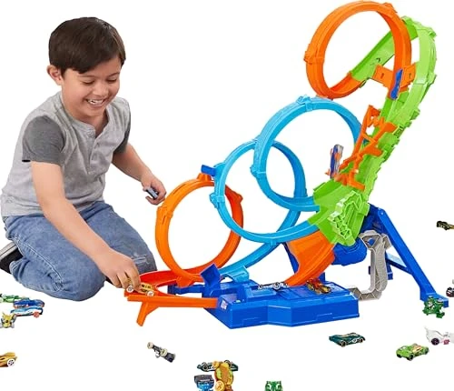 Hot Wheels Coffret Ultra Crash Looping avec 4 loopings, Zone de Crash 3 Voies et propulseur motorisé, se replie pour Le Rangement, avec Une Voiture Miniature échelle 1/64, HXT06