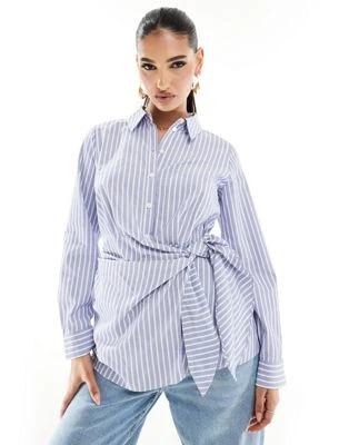 River Island - Chemise croisée en popeline à rayures - Bleu | ASOS