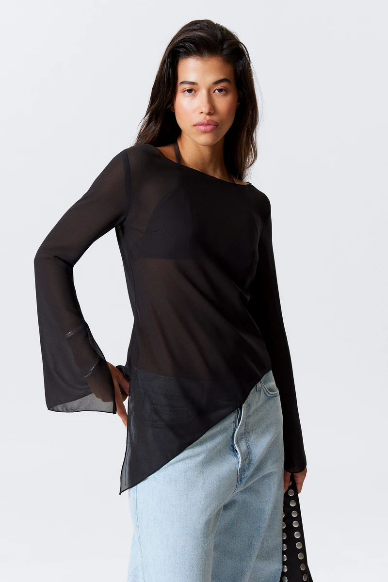 sheer asymmetric long-sleeved blouse - Black | Weekday EU