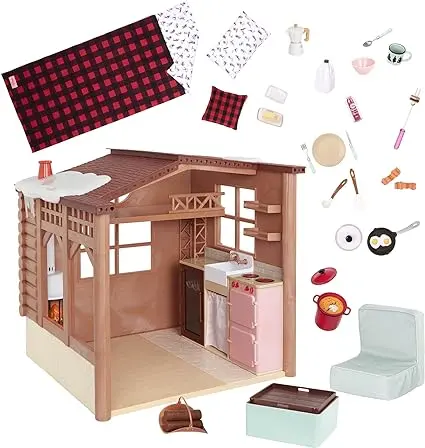 Our Generation BD37961Z OG Cozy Cabin - Cabane Confortable - Maison d'Hiver pour Poupée avec Accessoires - 26 Pièces - 46 cm