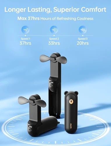 JISULIFE Ventilateur portatif avec batterie de secours 4500 mAh, autonomie maximale de 37 heures, ventilateur de poche portable à piles ou ventilateur personnel pliable alimenté par USB-Noir