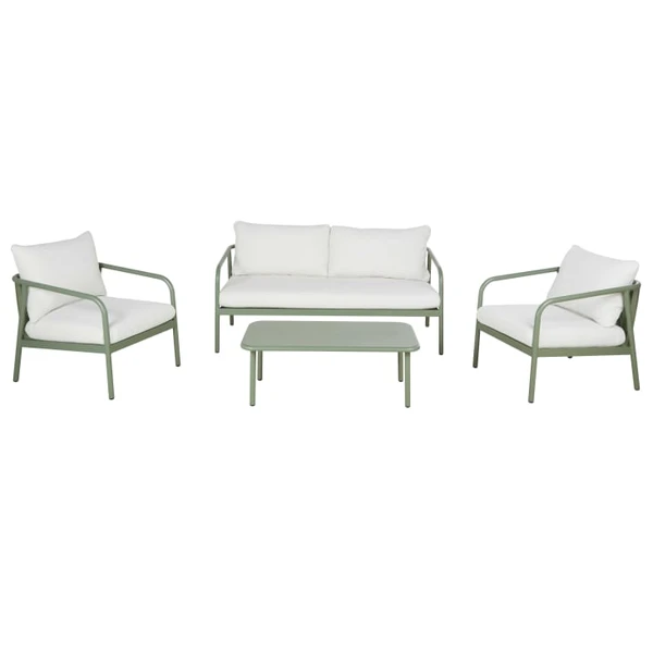 Salon de jardin 4 places en aluminium vert kaki et coussins en polyester recyclé écru
