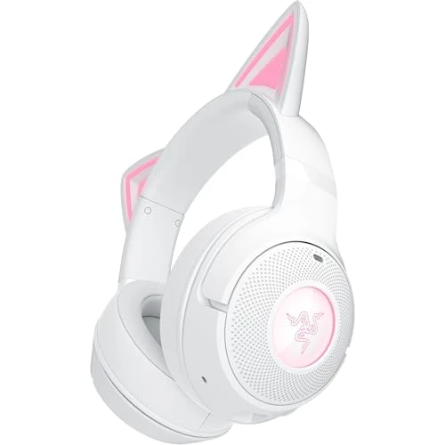 Razer Kraken Kitty V2 BT - Casque sans Fil Bluetooth RGB avec Kitty Ears pour Le Jeu et Le Streaming (325g, Haut-parleurs Triforce 40mm, Bluetooth 5.2, micros antibruit, autonomie de 40 Heures) Blanc