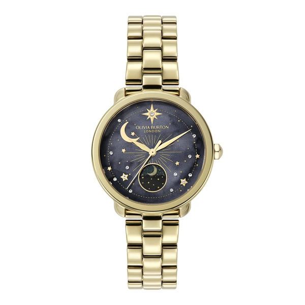 34mm Moon Phase Black & Gold Bracelet Watch
