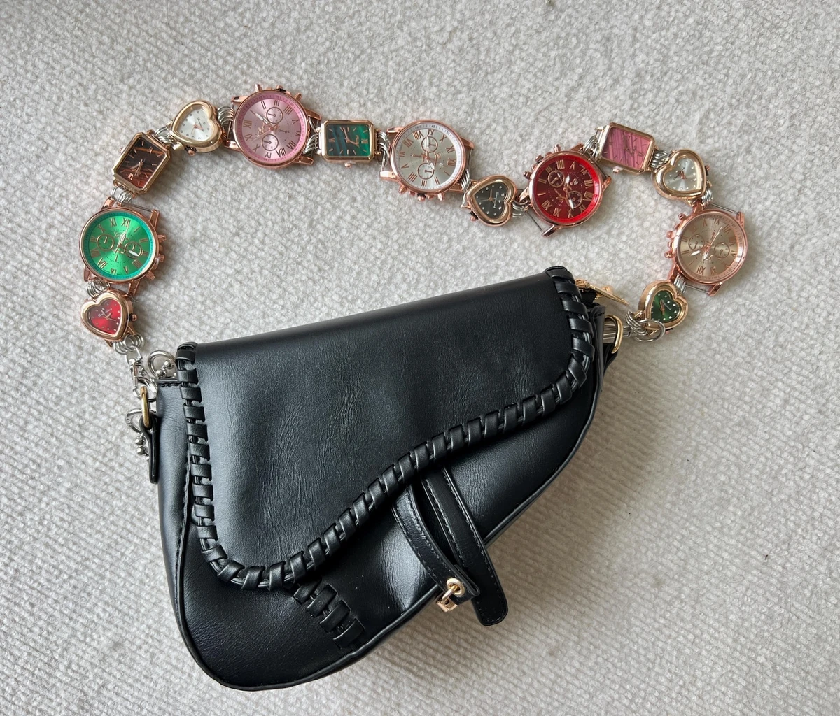 Vintage punk multicolor watch bag strap, trendy clocks metal bag chains, Y2K watch bag accessory, watch bag chain & belt, unique gift