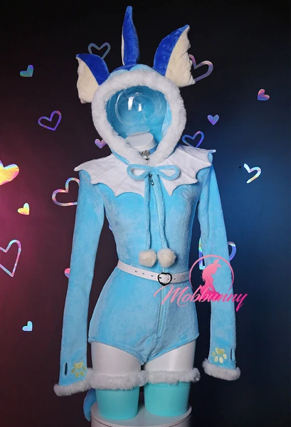 PM Dérivé Duveteux Justaucorps Barboteuse Sexy Lingerie Bleu Sweat À Capuche Justaucorps avec Queue Ceinture et Bas S-4XL