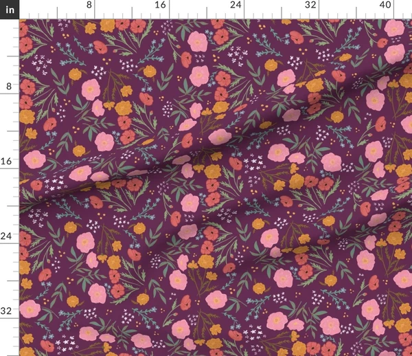 Fabric in Handdrawn Cottage Flowers Embroidery Dark Victorian Vintage Moody Florals