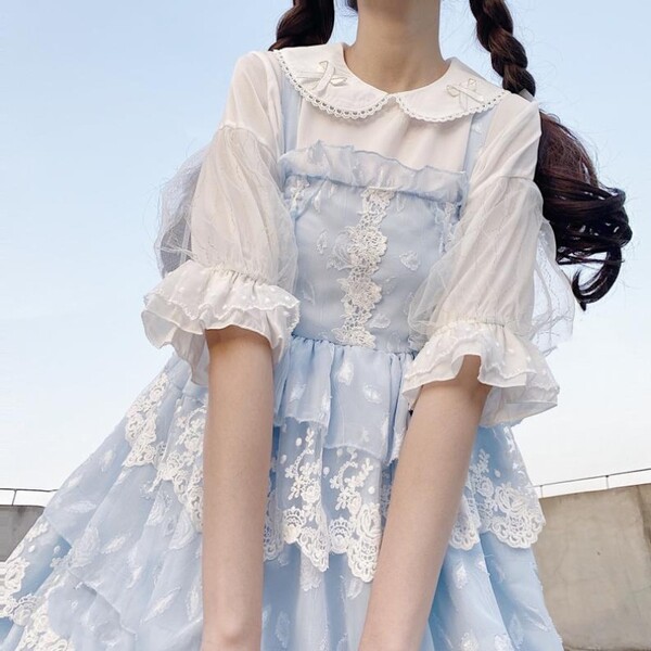 Lolita lolita Lace Chiffon Shirt Puff Sleeve Peter Pan Collar Short Sleeve Shirt Clothes Women Summer 