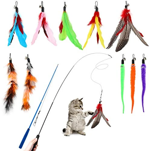 Hianjoo Jouet à Plumes pour Chats [12 PCS], Jouets interactifs pour Chats 2 bâtons drôles de Baguette rétractable pour Chat et 10 Plumes de Remplacement avec Cloche