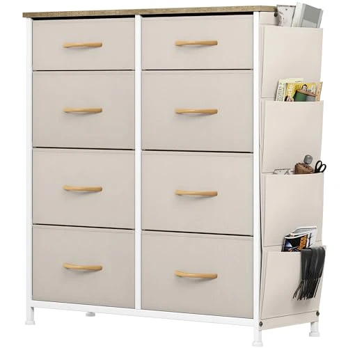 YITAHOME Commode avec Poches latérales et Crochets, Commode à 8 Tiroirs en Tissu Meuble de Rangement avec Dessus en Bois pour Chambre à Coucher, Salon, Chambre d'enfant,Beige