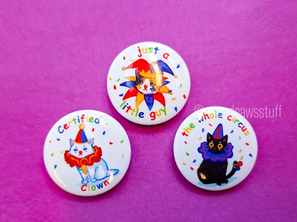 Clown Cat Buttons- Pinback Button Set - 38mm / 1.5 inch buttons