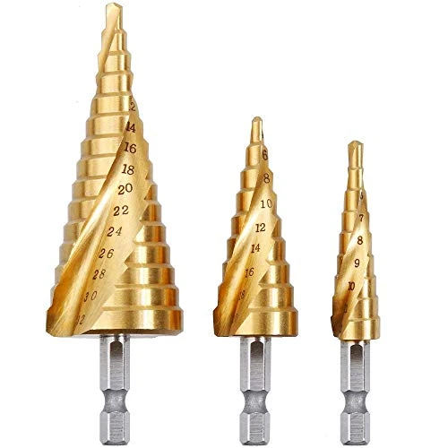 Rovtop 3PCS Foret Fraise Meche Etage, HSS Inox Metal, 4-12/20/32mm, Triangle Conique Titane, avec Tige Hexagone, Pour Visseuse Percage sur Acier, Laiton, Bois, Plastique