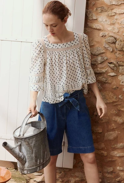 Blouse imprimée col carré en coton BIO GOTS BEIGE CLAIR pour femme MONOPRIX