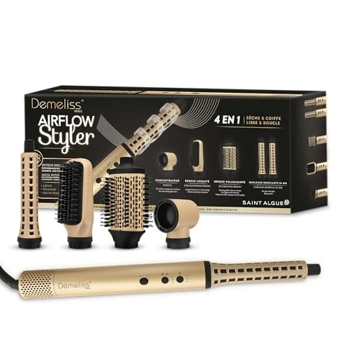 Demeliss SAINT ALGUE - AIRFLOW STYLER - Brosse Soufflante 4 en 1 - Sèche &amp; Coiffe, Lisse &amp; Boucle - produit puissant, Compact et Léger - 3 Températures Réglables, pour Tous Types de Cheveux