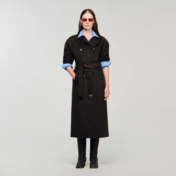 Manteau long en laine et cuir
