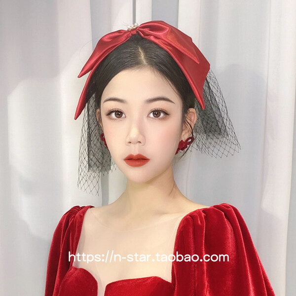 wine red Satin Bow-knot Headdress Veil Bridal Wedding Dress Lolita Skirt Party cosplayaccessories 