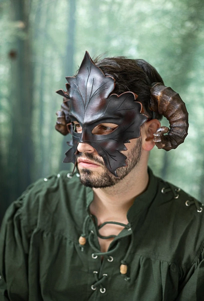 Masque en cuir Feuille de druide érable automne naturel mascarade wicca Homme vert