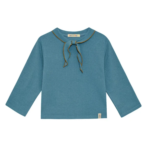Petit Stella - T-shirt Côtelé Col Foulard - Bleu | Smallable
