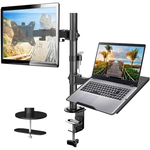 HUANUO Bras de Moniteur avec Plateau pour Ordinateur Portable, entièrement réglable pour écran LCD LED de 13 à 27 Pouces et Ordinateur Portable jusqu'à 15,6 Pouces, 2 Options de Montage