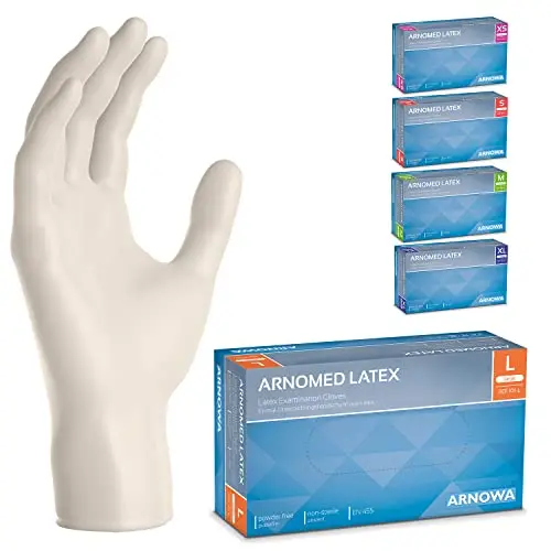 ARNOMED Gants latex jetables L, blanc, gants chirurgicaux jetables non poudrés, 100 pièces/boîte, gants à usage unique, gants en latex, gant latex disponibles en tailles XS, S, M, L &amp; XL