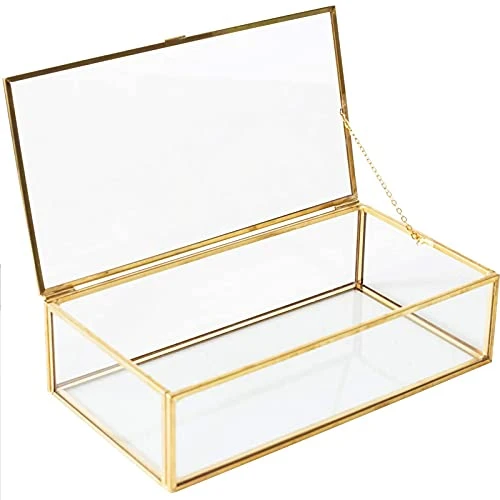 Boîte à Bijoux en Verre,Boîte à Bijoux Décorative,Boîte à Bijoux Géométrique Doré,Boîte en Verre Transparent à Bijoux en or,Boîte de Rangement D'affichage de Bijoux,pour Bijoux, Bagues, Bracelets