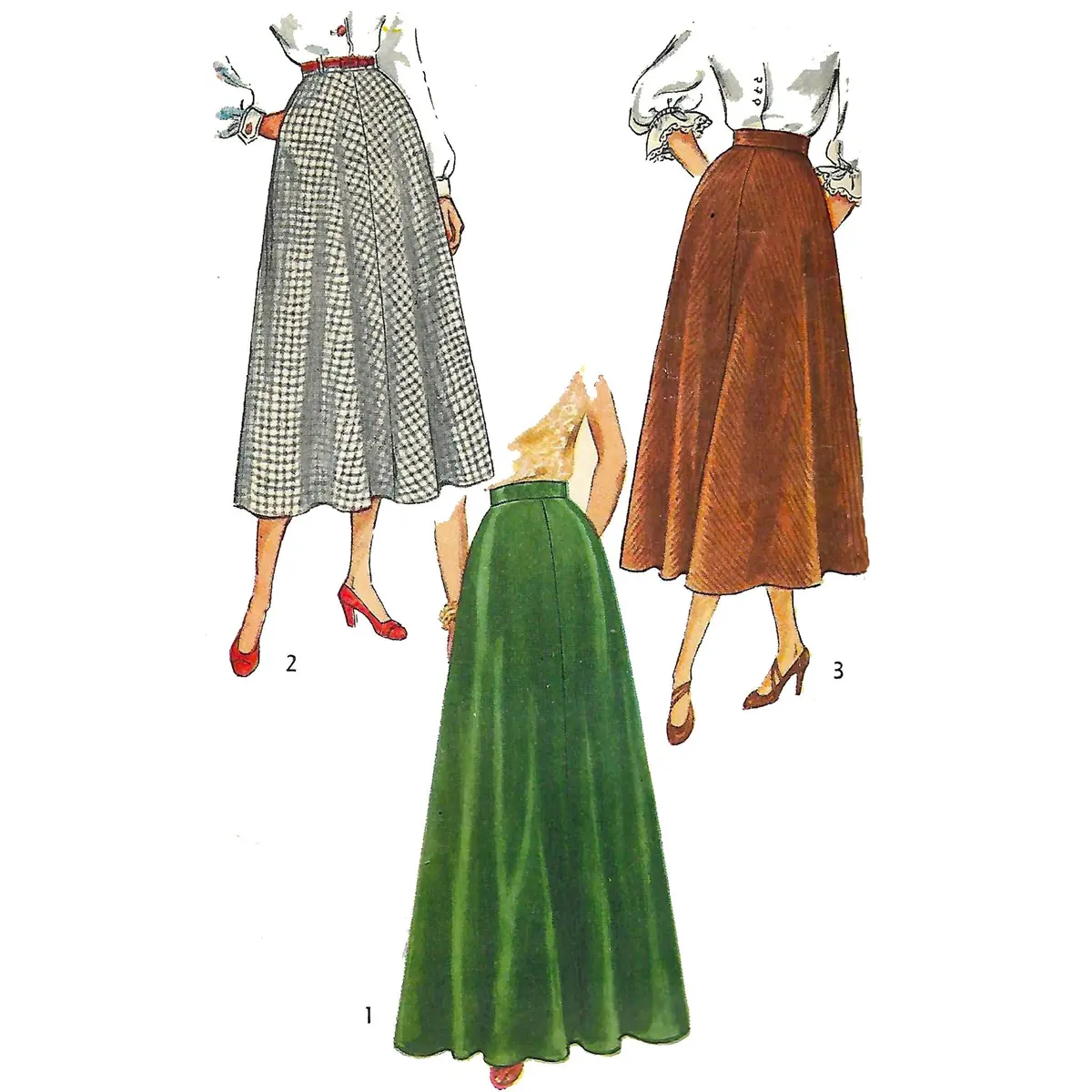 Modèle vintage des années 1940 – Jupe évasée en deux longueurs - Taille 26" (66,1 cm)