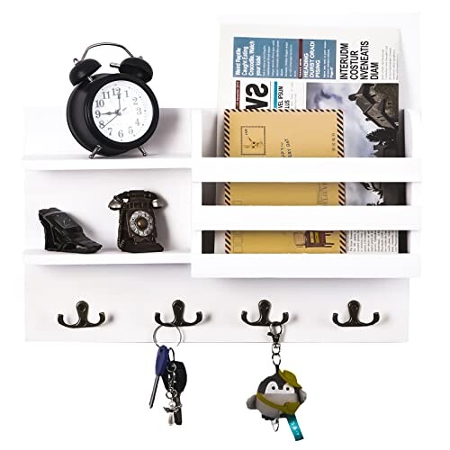 Tallgoo Porte Courrier Mural, Porte Courrier Bois,Porte Clef Mural, Porte-Courriers avec 4 Crochets Doubles,Porte-Courrier Mural en Bois pour Le Rangement de Vos Clefs Courrier Revues- blanc