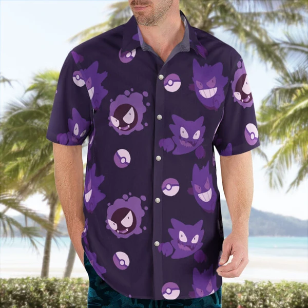 Gengar Pattern Pokemon Button Up Hawaiian Shirt - Tropi Hawaiian Shirts
