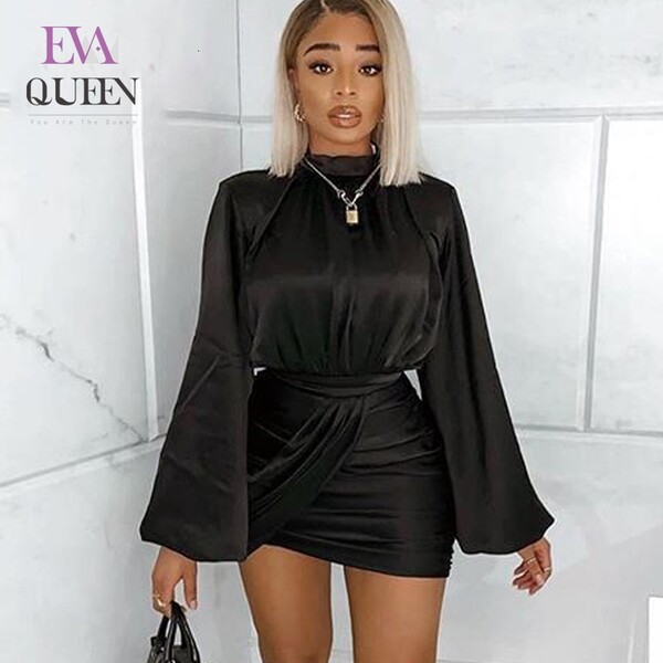 EvaQueen – robe de soirée moulante à bandes pour femmes, noire, col rond, manches longues, Mini, Sexy, mode élégante, été, automne