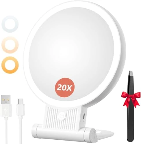 Auxmir Miroir Grossissant Lumineux, 20X/1X Double Face, Miroir Maquillage LED 2000mAh Rechargeable avec 3 Couleurs éclairage, Pliable Portable pour Voyage