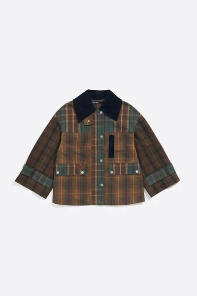 Blouson court carreaux multiples marron clair