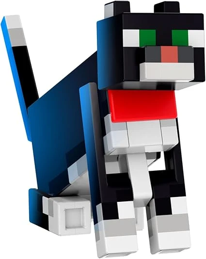 Minecraft Chat Bicolore Diamond Level Figurine articulée à collectionner avec 4 accessoires, 14 cm, design pixélisé, HTM07
