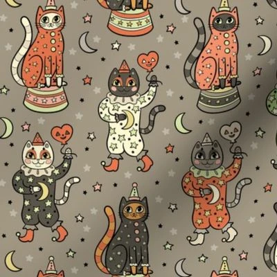 Kitty Clowns in Light BRown Fabric | Spoonflower