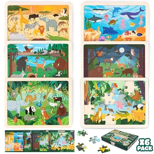 BONNYCO Puzzle Bois Enfant 6 Ensembles 24 Pcs, Animaux de Différents Écosystèmes. Puzzle 3-8 Ans avec Plateau, Jouet Educatif. Cadeau Garcon et Fille, Anniversaire, Noël