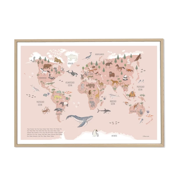 grande carte du monde animaux en rose, idée cadeau, décoration murale pour enfants