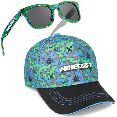 Get Trend Minecraft Casquette et Lunettes de Soleil Garçon Ado Sangle Réglable Lunettes Protection UV Accessoires Vacances (6-14 Ans, Minecraft Ensemble Multicolore)