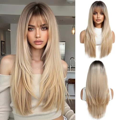 OUFEI Perruque Blonde Ombrée pour Femme - Perruque Longue avec Frange - Perruque Droite Naturelle en Cheveux Synthétiques Résistants à la Chaleur pour la Fête, le Quotidien, le Cosplay et la Mode