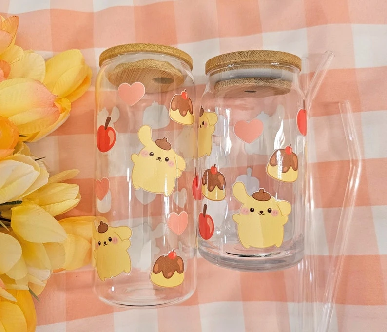 Cute Pompom Glass Cup with Bamboo Lid and Glass Straw