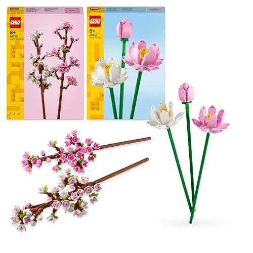 LEGO Creator Lot de fleurs de cerisier en fleurs de lotus, kit de construction de bouquets pour filles, garçons et fans de fleurs, idée cadeau de Saint-Valentin 40647 + 40725