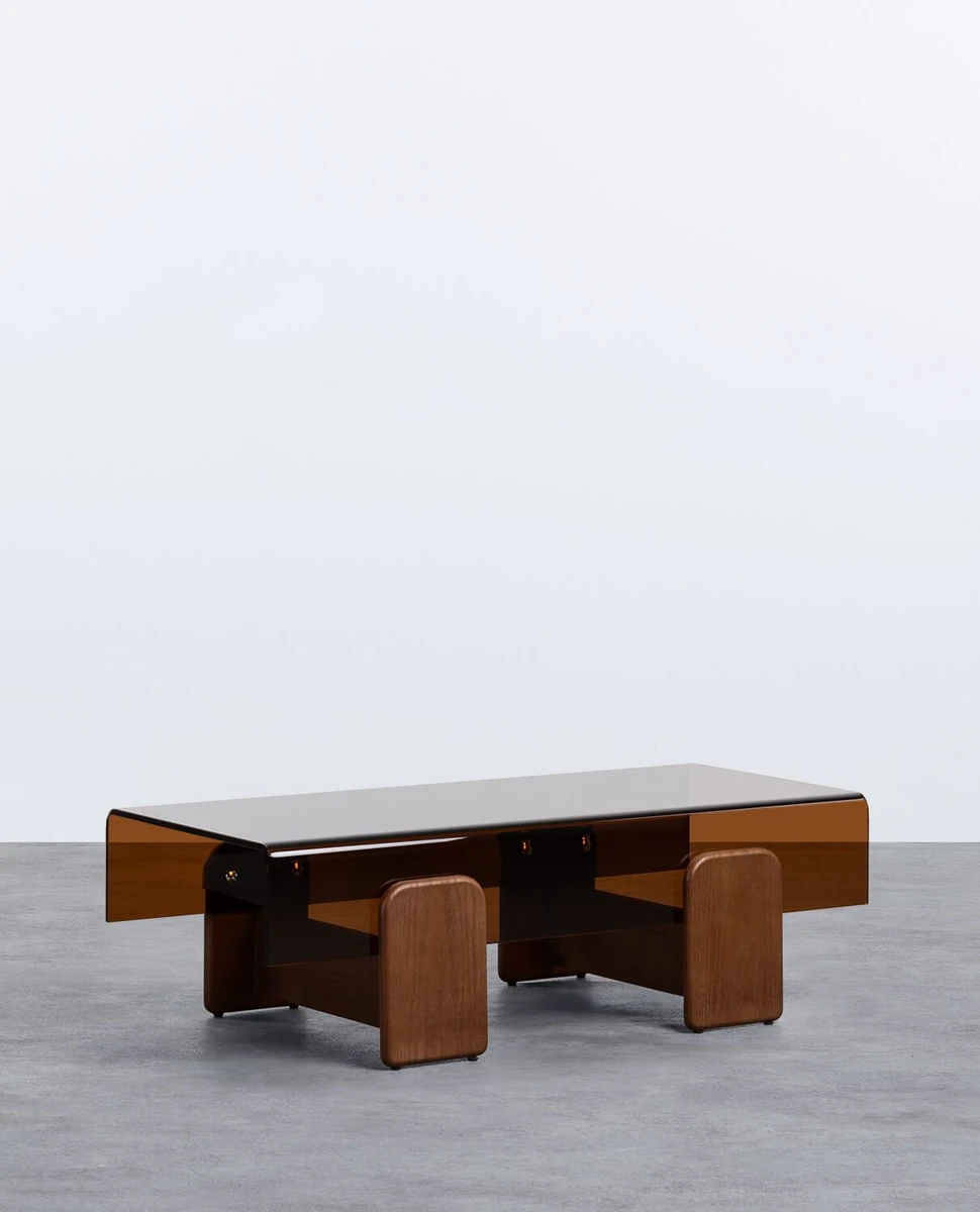 Table Basse Rectangulaire en Verre Courbée et Bois (120x60 cm) Clery