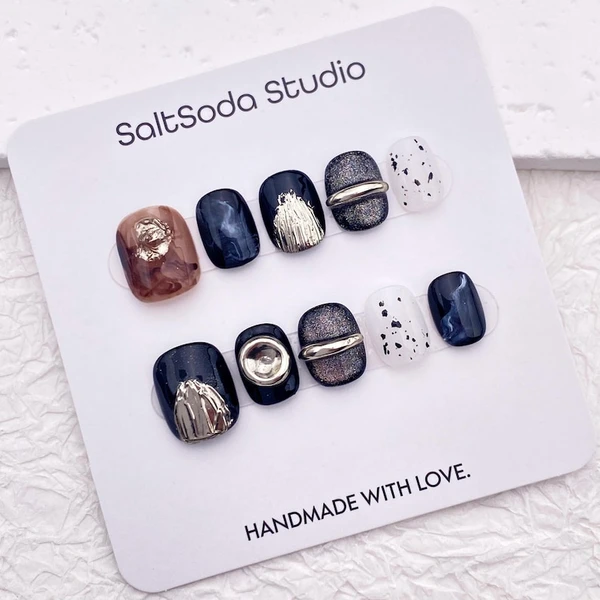 Fait main faux ongles gothiques, design court rond pour fête