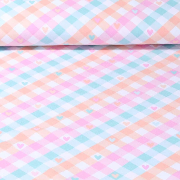 Flanelle de coton - Carreaux Coeurs Pastel