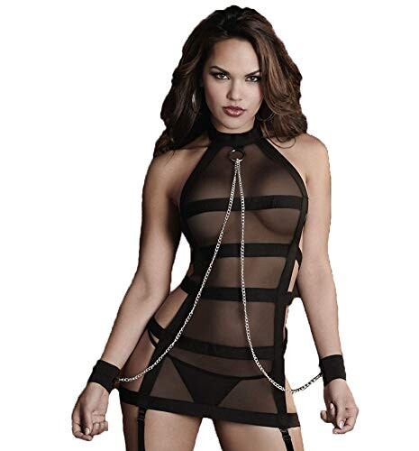 Boowhol Lingerie Sexy Erotique Femmes Perspective en Dentelle Bandage Push up élégante avec G-String Robes-Comprenant des Menottes - Noir - XL