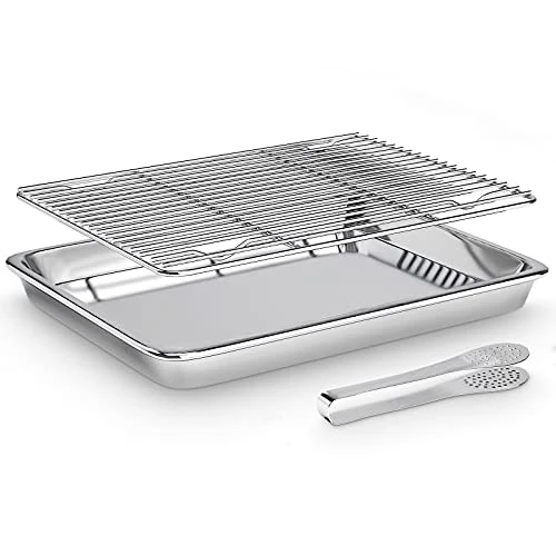 Aokyom Plaque à Pâtisserie avec Grille Plaque de Cuisson de Refroidissement en Acier Inoxydable Plat à Rôtir Rectangulaire avec Pince De Cuisine pour Les Barbecues, 40x30x2.5CM