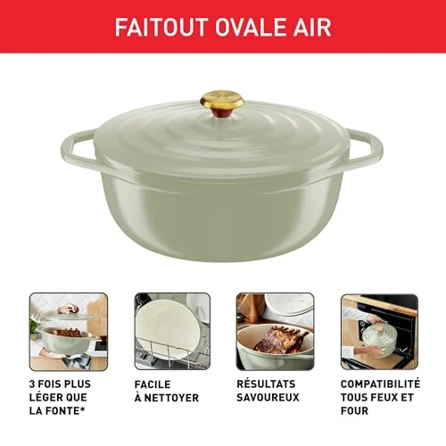 Tefal Cocotte en fonte ovale 30cm, Cocotte légère en fonte d'aluminium, Nettoyage facile, Revêtement en céramique sûr, Couvercle de condensation, Compatibilité four, Induction, Air E2668925