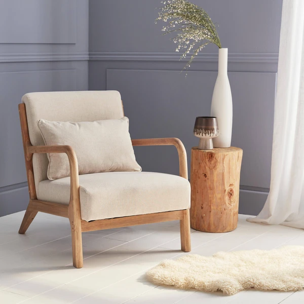 Fauteuil design beige en bois et tissu | sweeek